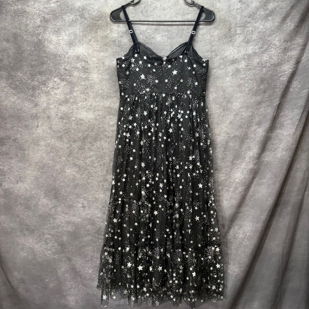 Betsey Johnson Celestial Star Print Mesh Tiered Midi Dress Size 8 Black Silver - Picture 5 of 14